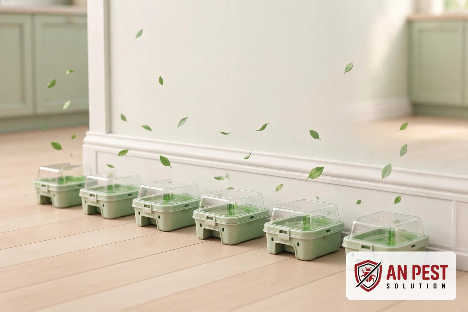 3D illustration of eco gel bait stations in a kitchen
