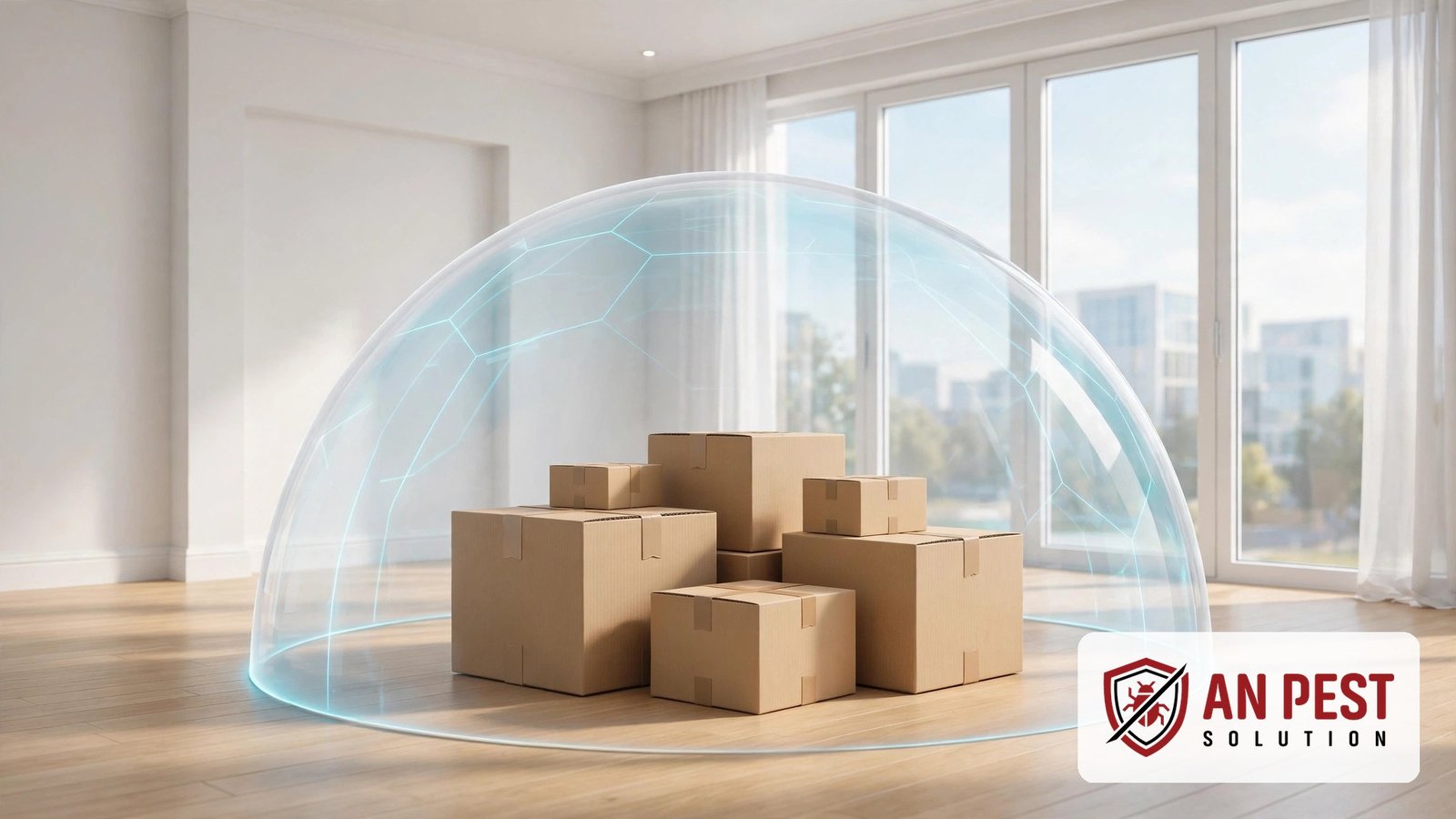3D illustration of moving boxes in an apartment protected from pests