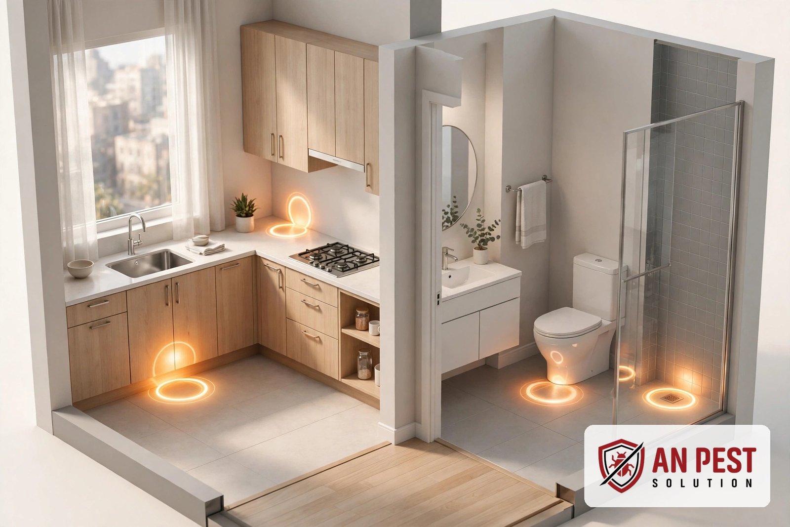 3D illustration of apartment pest inspection hotspot markers