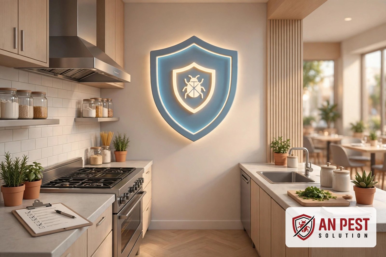 3D illustration of a restaurant kitchen with pest protection shield