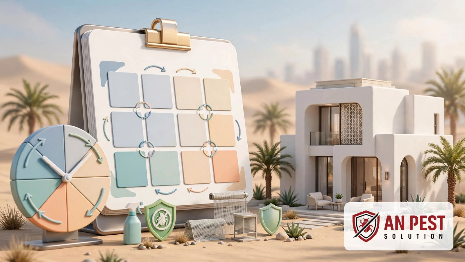 3D illustration of a Dubai villa with a quarterly pest control schedule