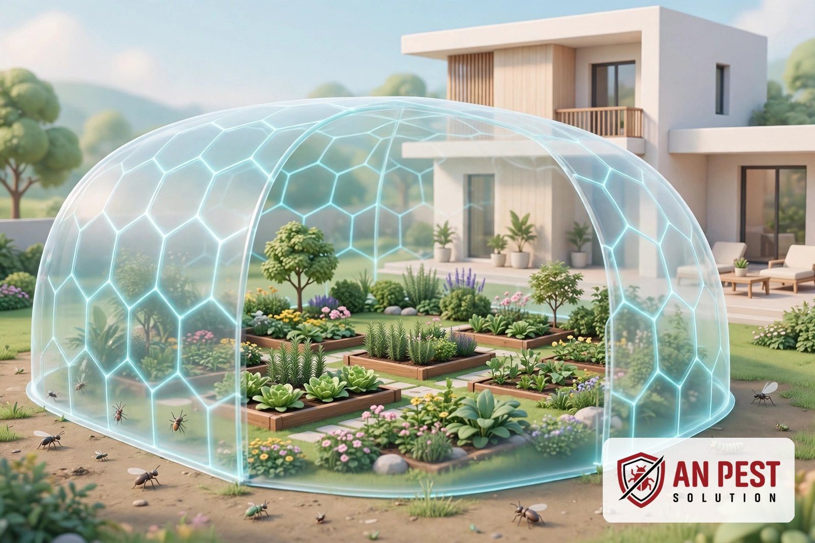 3D illustration of a villa garden with a pest prevention barrier