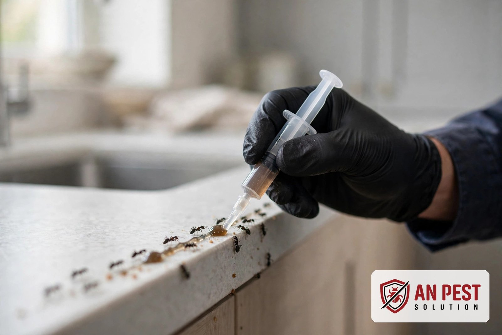 Ant control Dubai — professional gel bait application in a kitchen