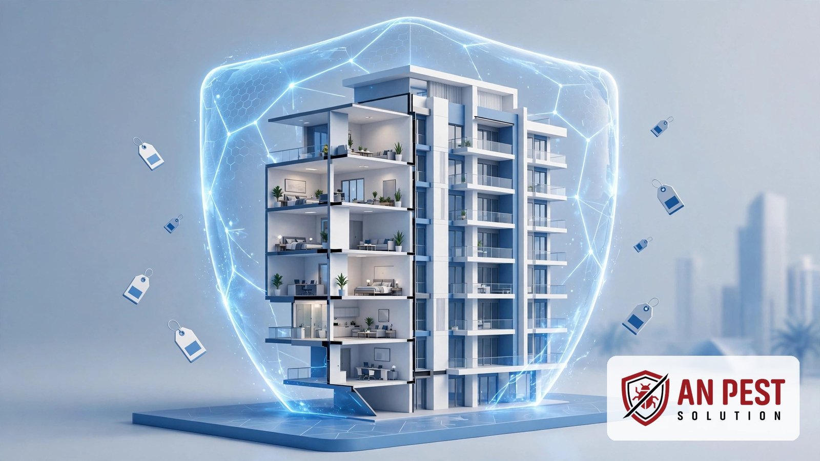 Pest control cost Dubai — 3D illustration of protected apartment building