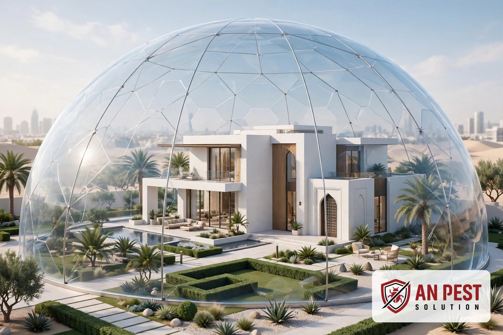 Pest control cost Dubai — 3D illustration of villa with pest barrier