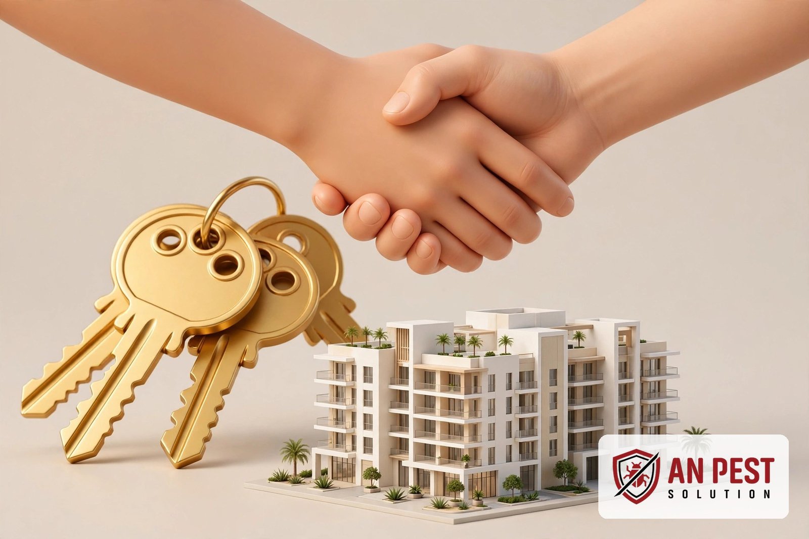3D illustration of apartment keys and handshake over a Dubai building