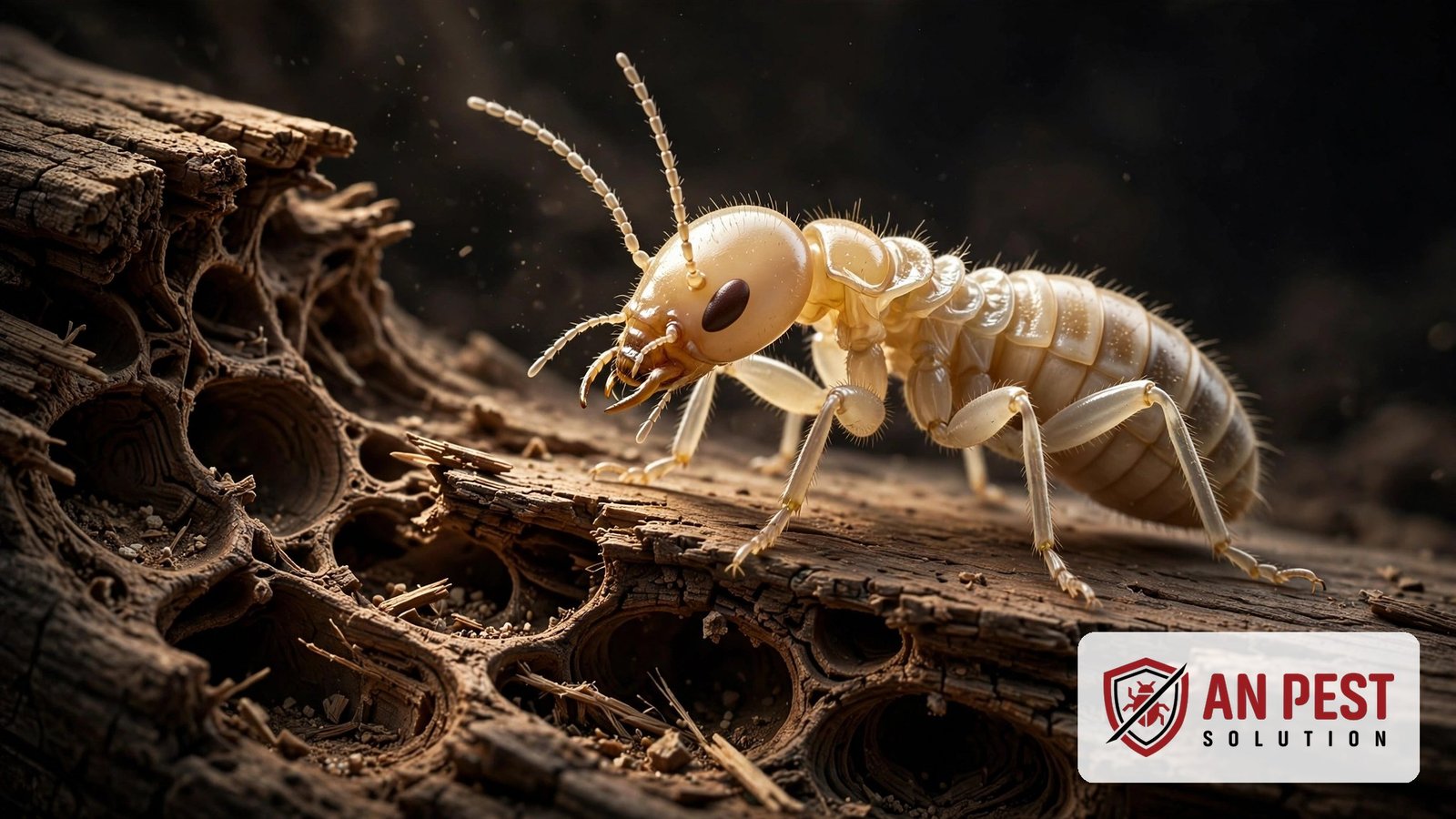 Termite signs Dubai villa: 3D close-up of a termite on damaged wood