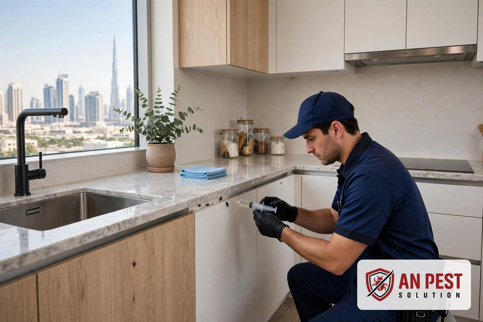 AN Pest Solution technician applying cockroach gel bait treatment in a Dubai kitchen