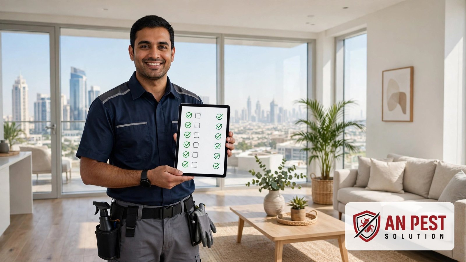 Pest control cost Dubai — technician showing transparent pricing in a Dubai home