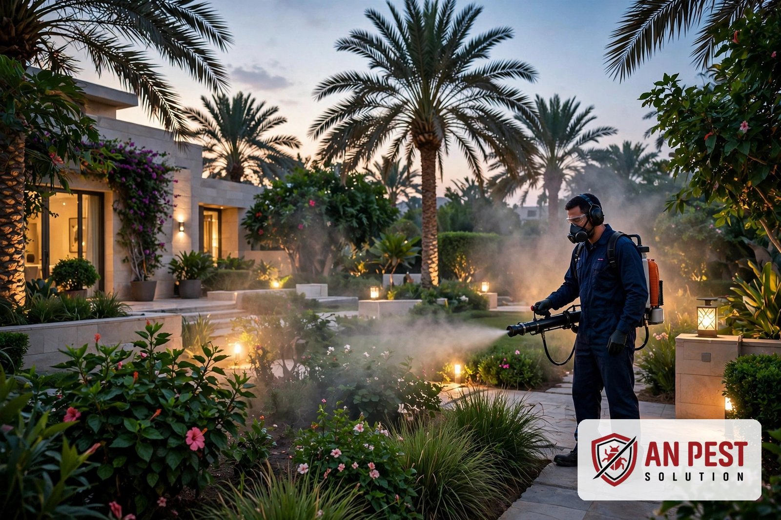 Mosquito control Dubai – professional fogging treatment in a Dubai villa garden at dusk