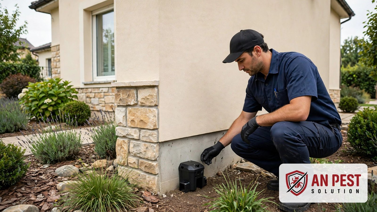 Rodent control Dubai — technician installing a bait station at a villa