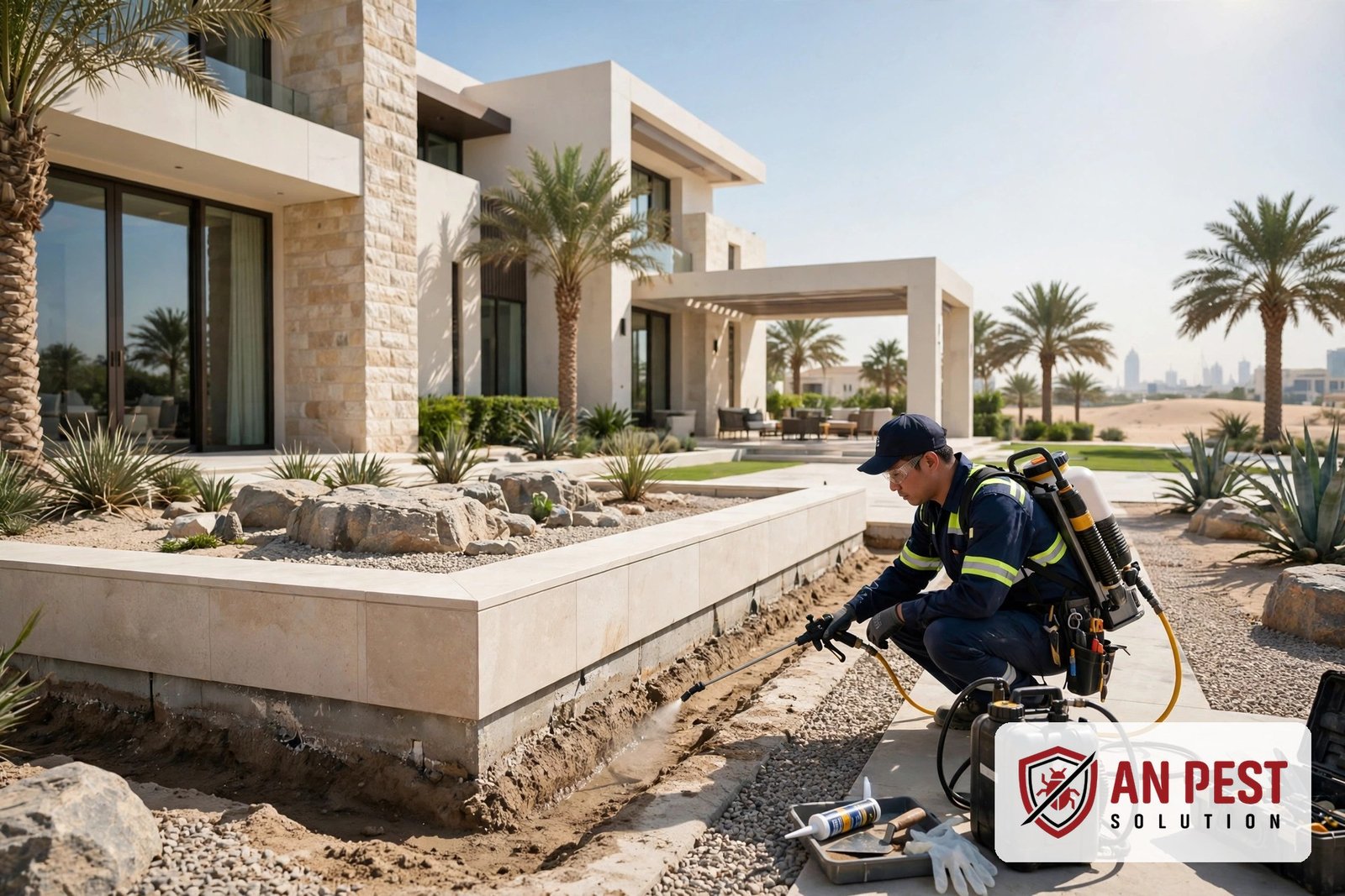 Termite treatment Dubai — barrier being applied around a villa foundation